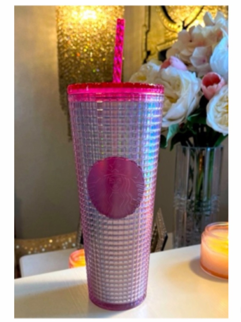 NEW Starbucks Pink Bubblegum Silver Grid Iridescent Cold Cup Tumbler 24 oz
